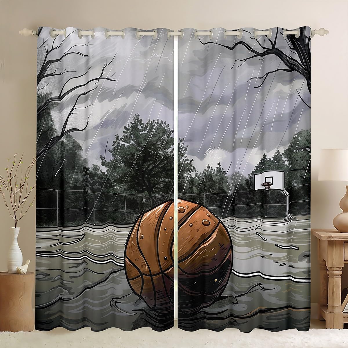 Manfei Basketball Curtains,Rainy Sporting Field Gray Hand Graffiti Window Drapes Bedroom Blackout 30%-50%,Sports Ball Game Basketball Competition Window Treatment Grommet Top 2 Panels,38Wx45L