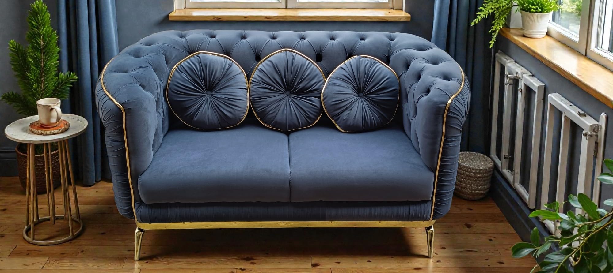 Chair with Sofa Set Wooden Style Chair Tufted Sofa (Velvet Two Seater)-image-22