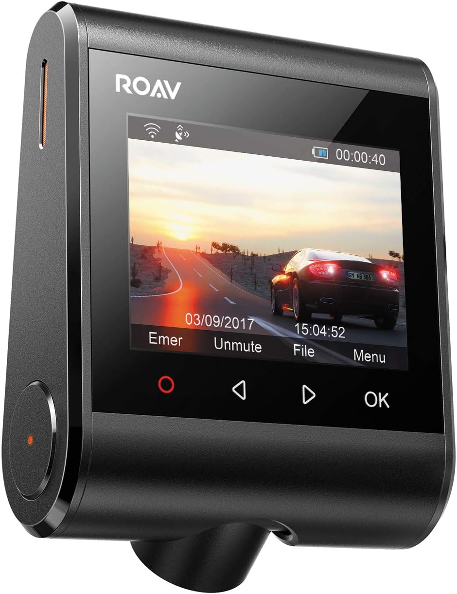 Roav DashCam C1 Pro, by Anker, 2K Resolution 2560X1440, Built-in GPS/Wi-Fi, 2.4 Inch LCD, 4-Lane Wide-Angle View Lens, G-Sensor, WDR, Loop Recording, 2-Port Charger, 32G microSD Card, Easy Sharing