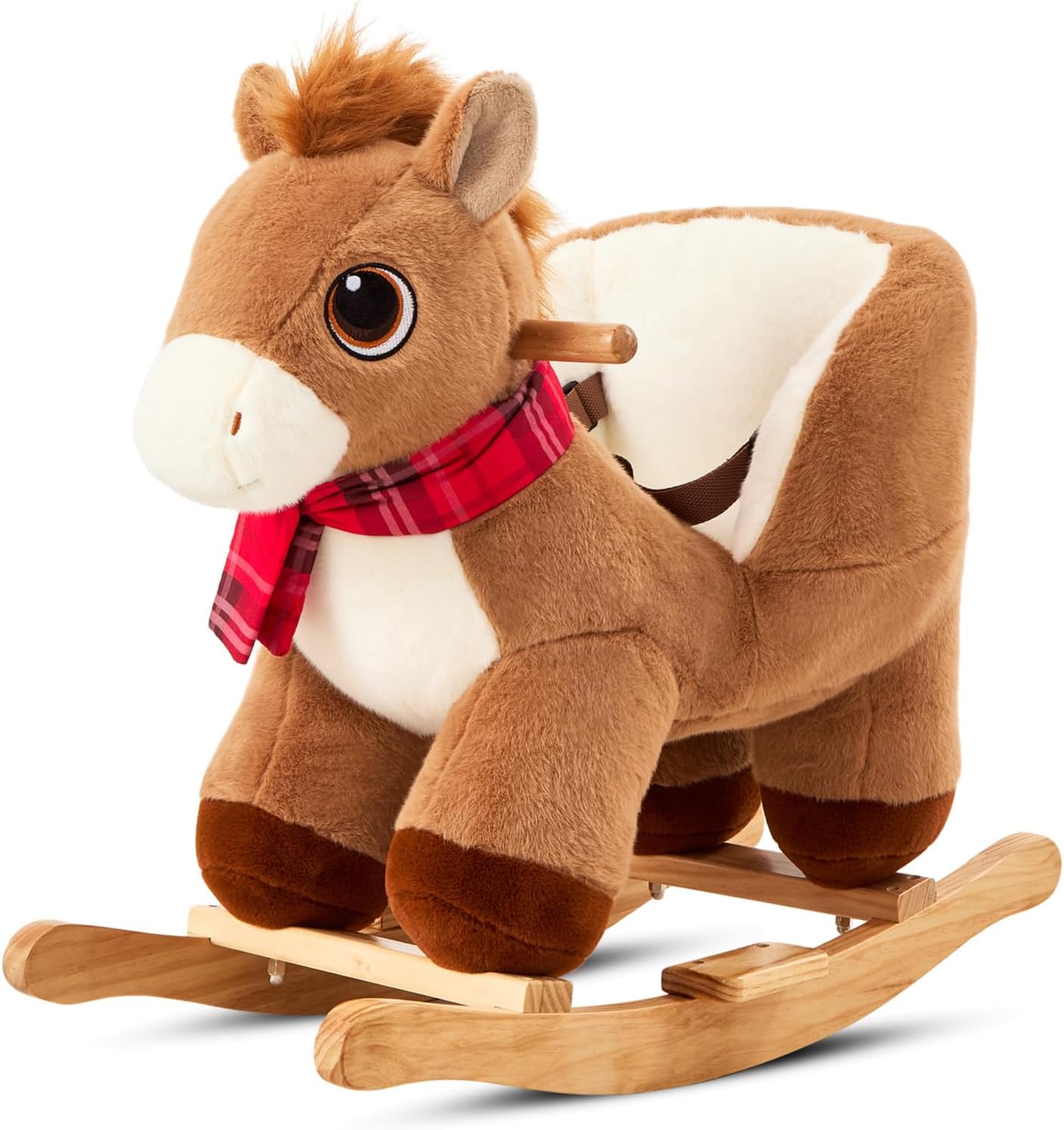 FUNLIO Pony Rocking Horse for Toddlers 6 Months to 3 Years, Cute Baby Rocking Horse with Safety Belt, Stuffed Plush Ride on Horse, Easy to Assemble Baby Rocker, Nursery, CPC & CE Certified - Brown