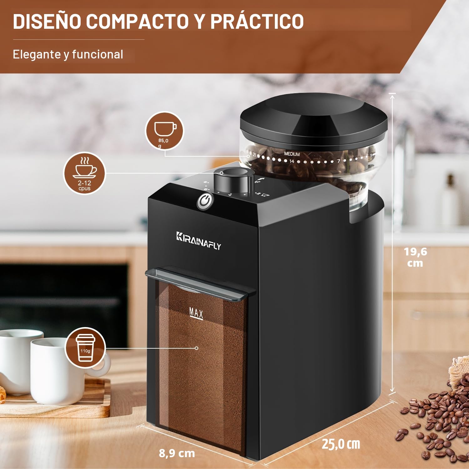 Molinillo de café eléctrico,Molinillo de café ajustable con 28 posiciones de molido precisas para prensa francesa, café de goteo y espresso,12 tazas (Negro)