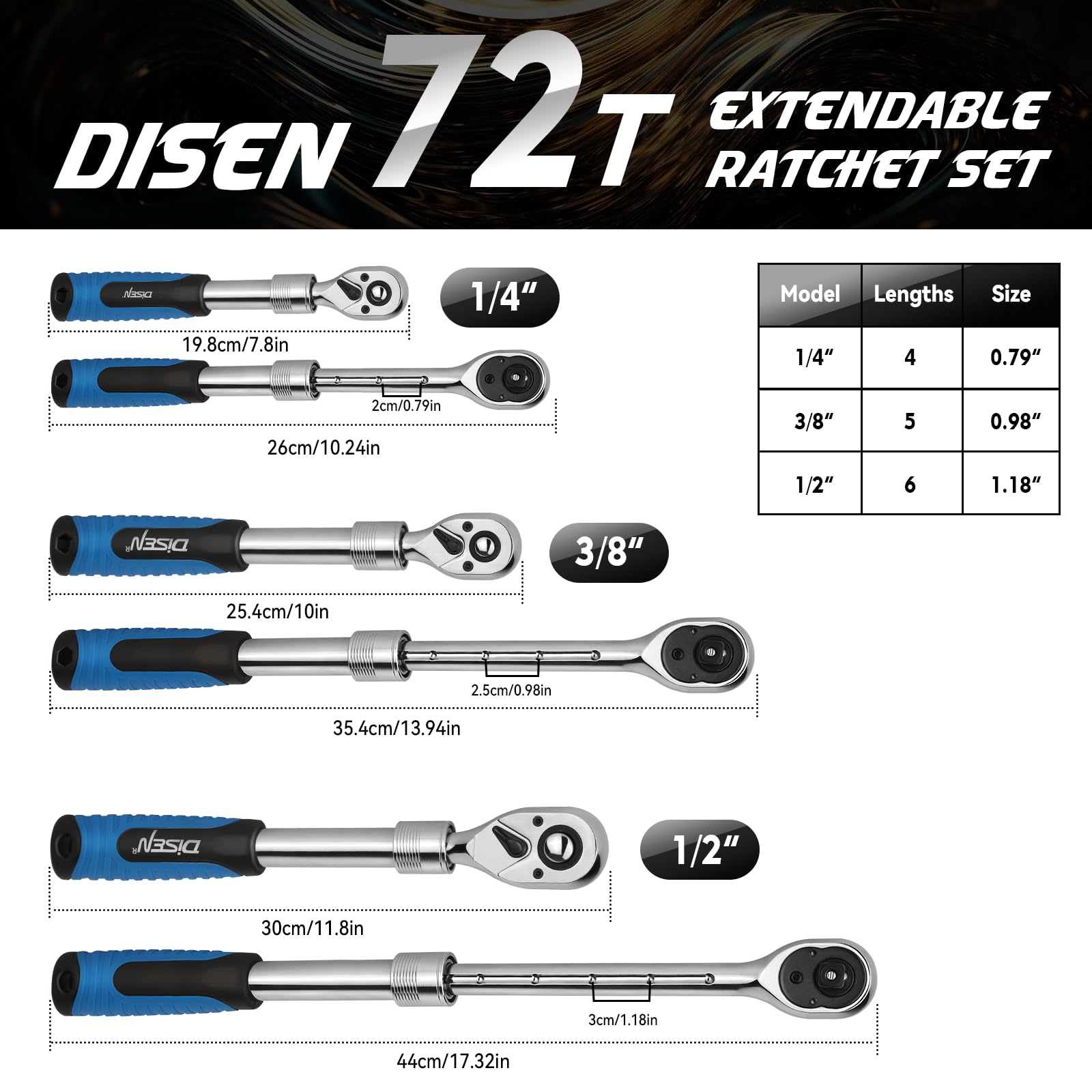 DISEN 3 x wysuwany zestaw kluczy grzechotkowych, 1/10.2 cm 3/20.3 cm 1/5.1 cm napęd 72-zębowy, szybkie zwalnianie, odwracalne klucze nasadowe, miękki uchwyt z tacą do przechowywania