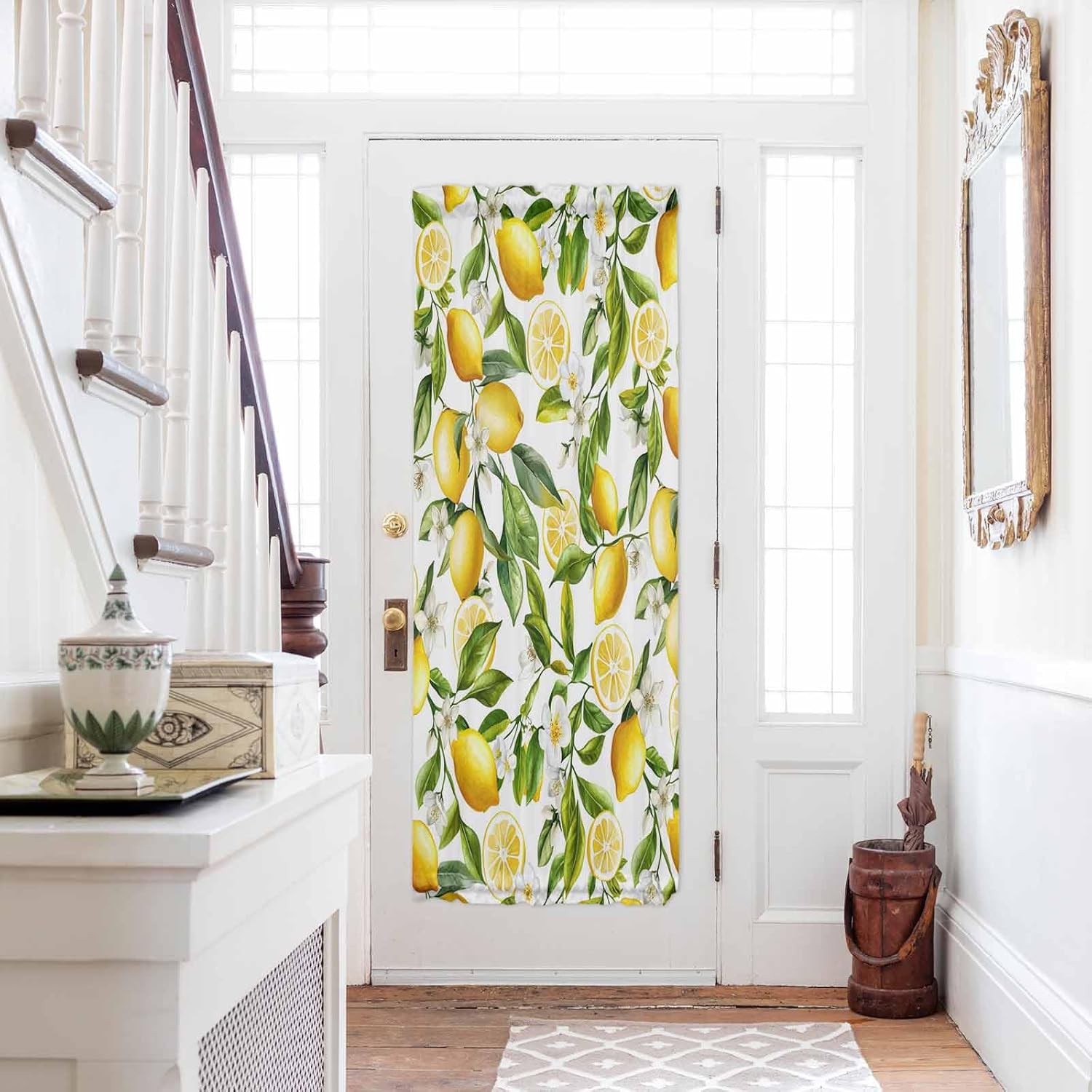 Summer Lemons Rod Pocket French Door Curtain,Kitchen Door Panels Farm Yellow Fruits Flowers Spring Light Filtering Room Divider Curtain Panel for Windows White Yellow (Tie-Back Included, 1 Panel)