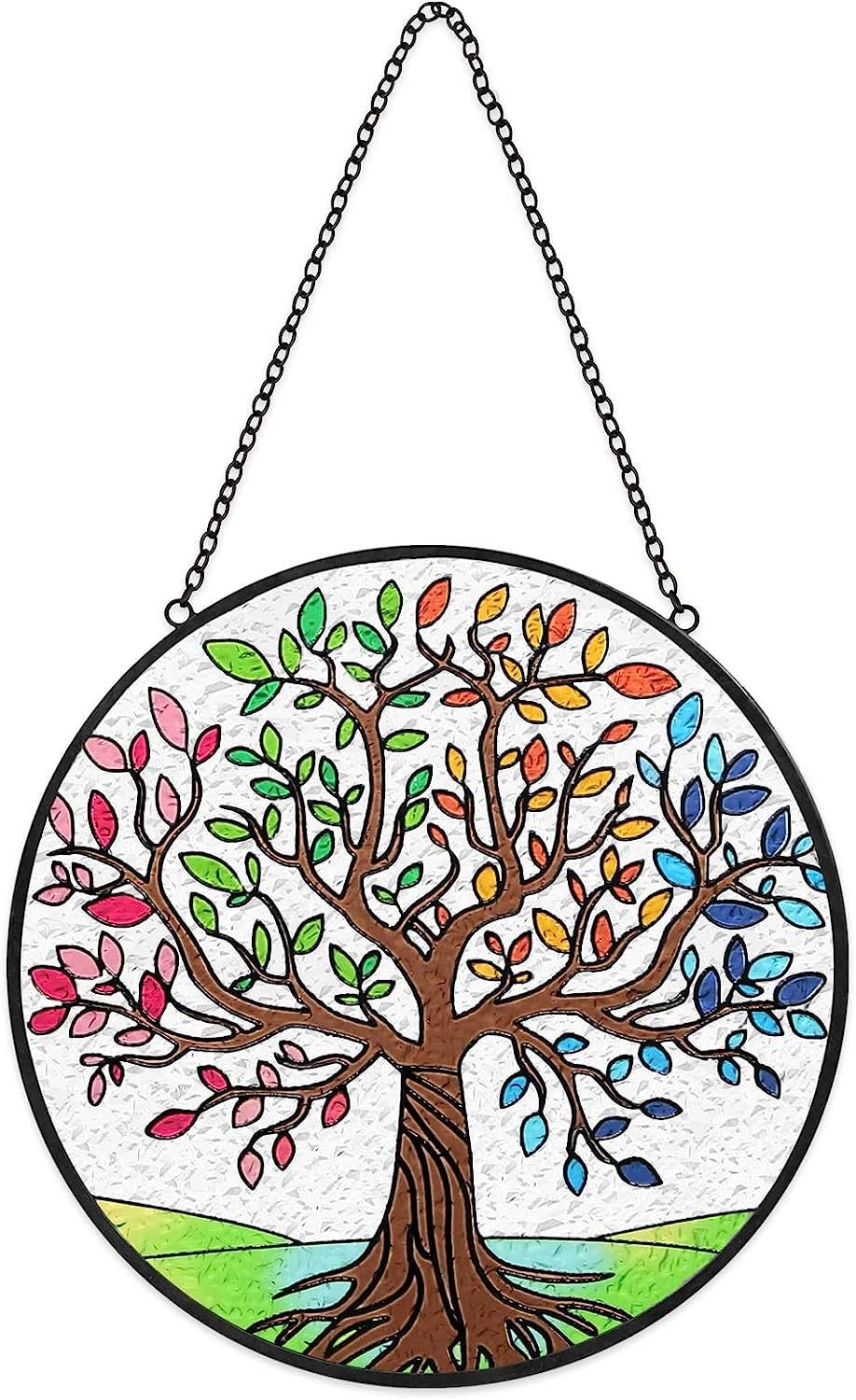 Bird Branch Stained Windows Hanging Suncatcher ,Flower Tree Stained Glass Suncatchers Window Ornament Stained Glass Panel Sun Catcher Wall Hanging Decor Birthday Gifts (colorful)