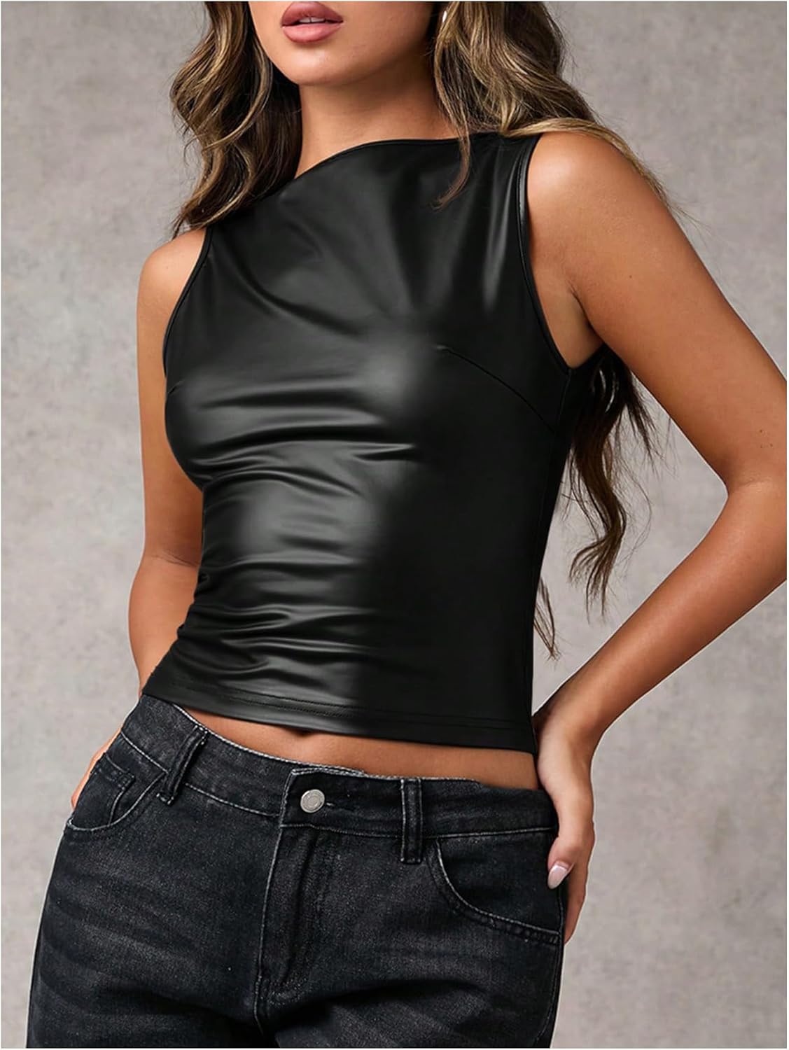 Milumia Women's Faux Leather Tank Top Shirt Y2k Fitted Going Out Tops Party Clubwear - Image 4