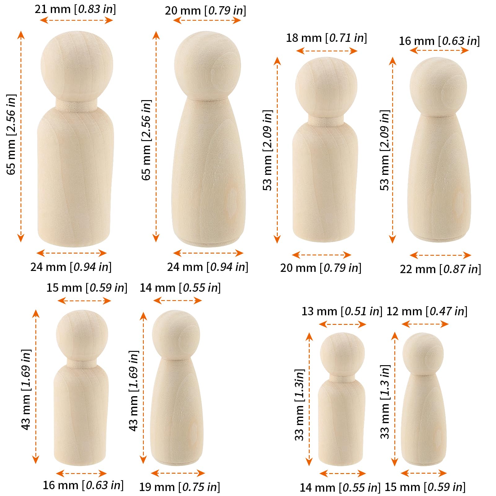 UNGFEI 100 PCS 4 Sizes Wood Peg Dolls, Blank Wooden Peg People Figures for DIY Craft 65mm, 53mm, 43mm, 33mm - Image 2