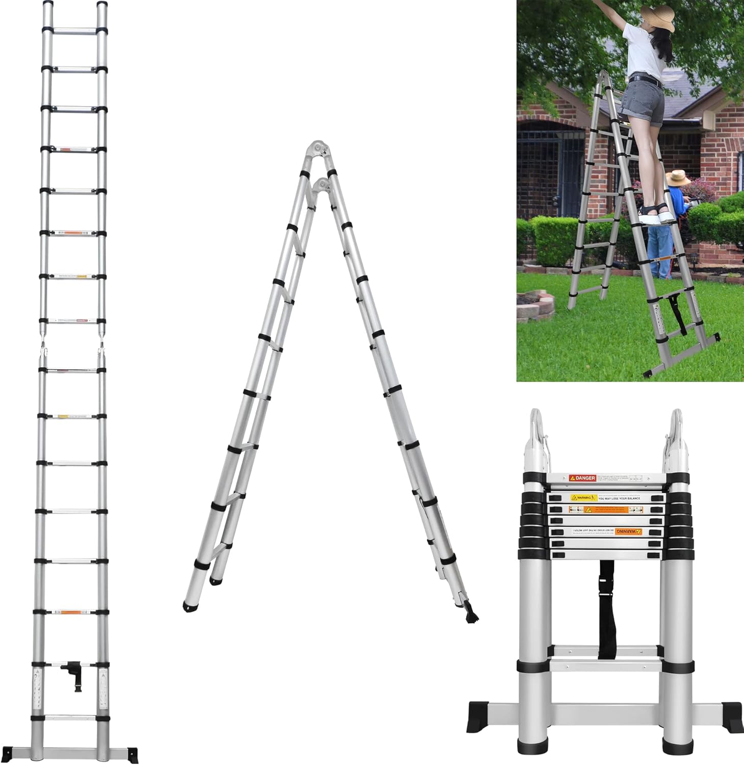 16.5FT Telescoping A Frame Ladder Portable Aluminum Extension Ladder