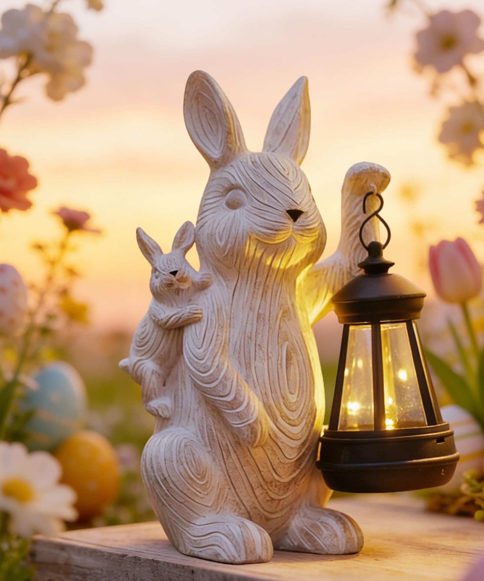 Yeomoo Kaninchen Deko mit Solar Laterne Gartendeko für Draußen - Lustige Hasen Mutter mit Baby Gartenfigur mit Solarleuchte - Geschenke für Frauen Mama Ostern Balkon Terrasse Zimmer Deko