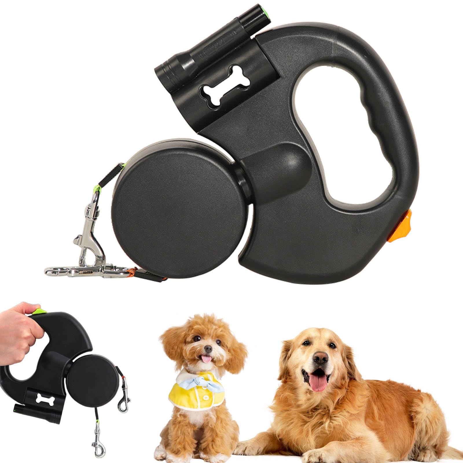 Flowleash – Flowleash Doppelleine, Doppel-Rollleine für Hunde, mit robustem 3 m langem Einzugsgurt, 360°-Drehgelenk und rutschfestem, leichtem Griff (Black)