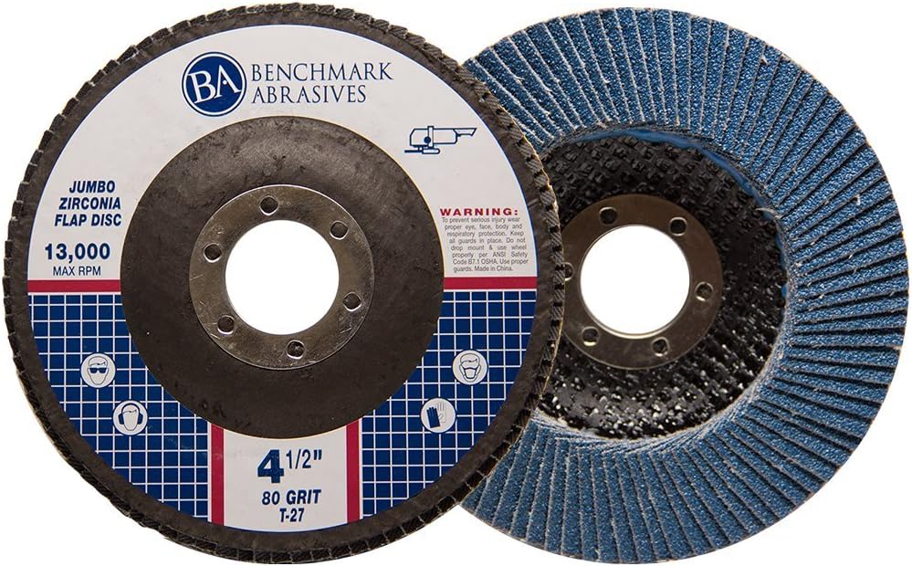 Benchmark Abrasives 4.5" x 7/8" Premium High-Density Jumbo Zirconia Type 27 Flap Discs for Sanding, Stock and Rust Removal, Finishing, Grinding, Deburring (10 Pack) - 80 Grit