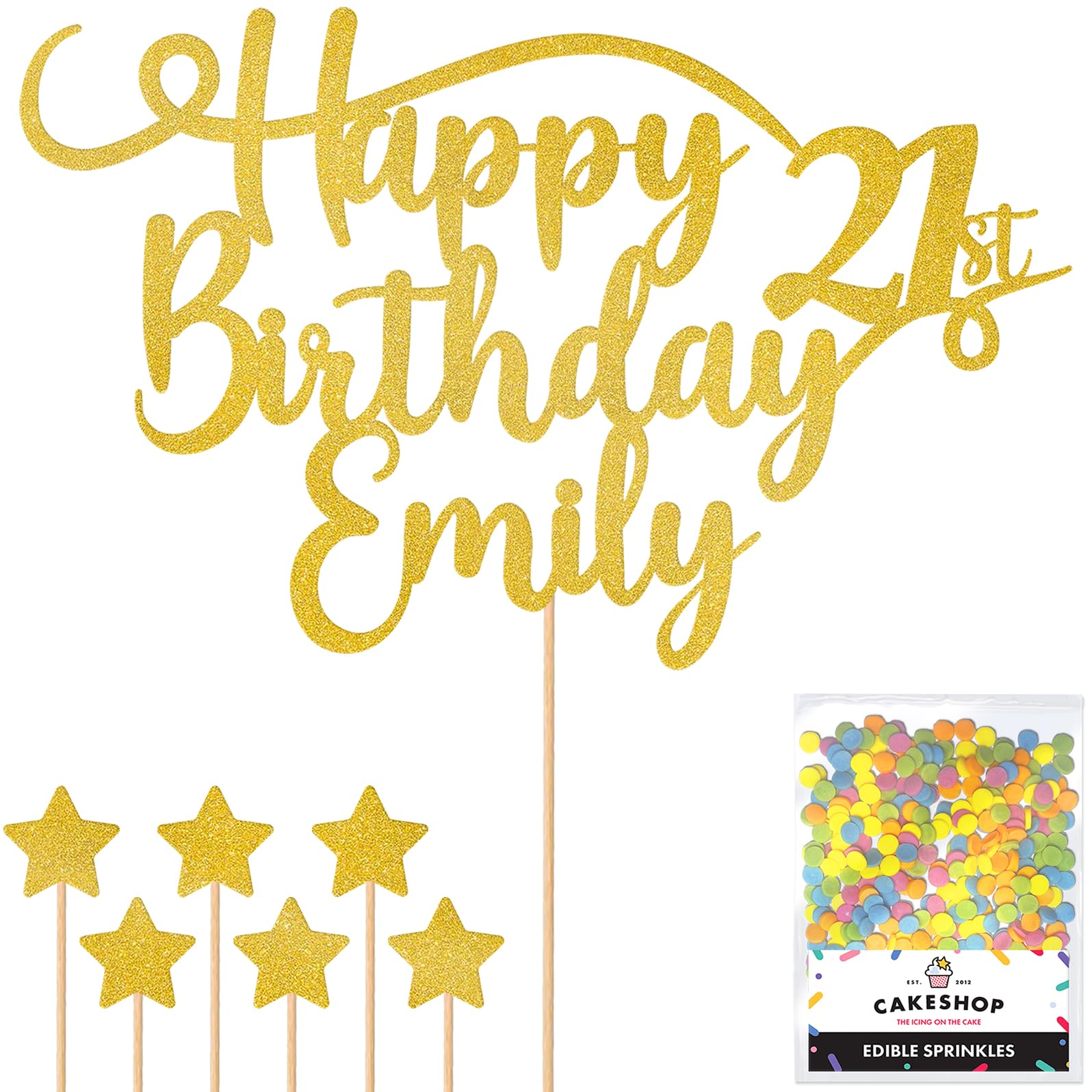 Personalised Happy Birthday Glitter Cake Topper - Gold Any Name & Any Age Glitter Cake Decoration and Sprinkles - Happy Birthday Decorations - Personalised Toppers for Cakes by Cakeshop