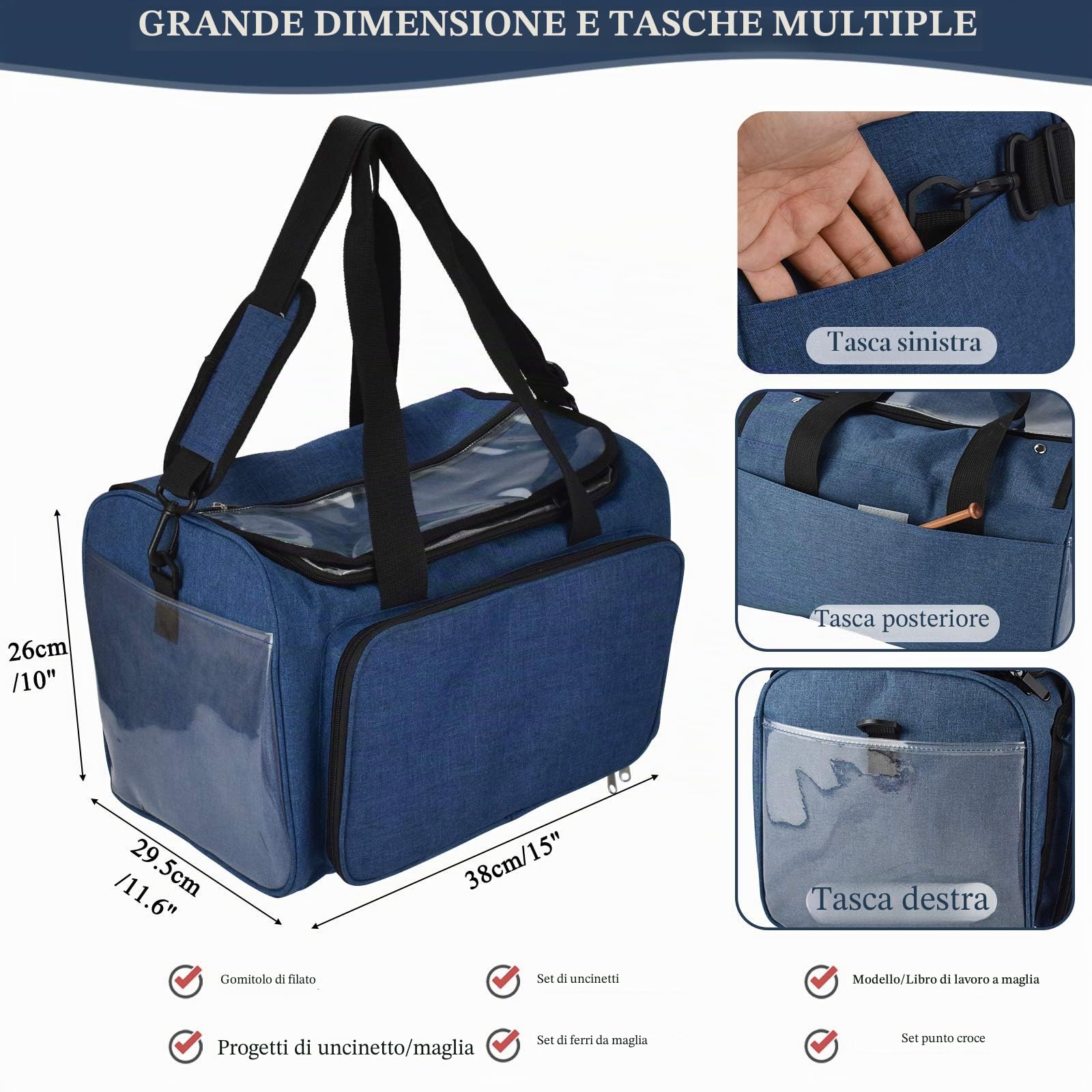 Coopay Borsa per Filati, Borsa per Lavori a Maglia, Riporre Ferri da Maglia e Uncinetto e Punto Croce, Organizer per Filati per Principianti e Professionisti, Blu