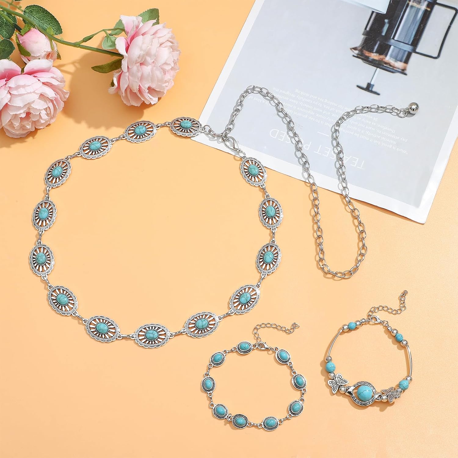 NEWITIN 20 Pieces Silver Bohemian Jewelry Set for Women Fashion Costume Jewels Turquoise Necklace Bracelet Ring Earrings Western Turquoise Jewelry Set for Women - Image 3