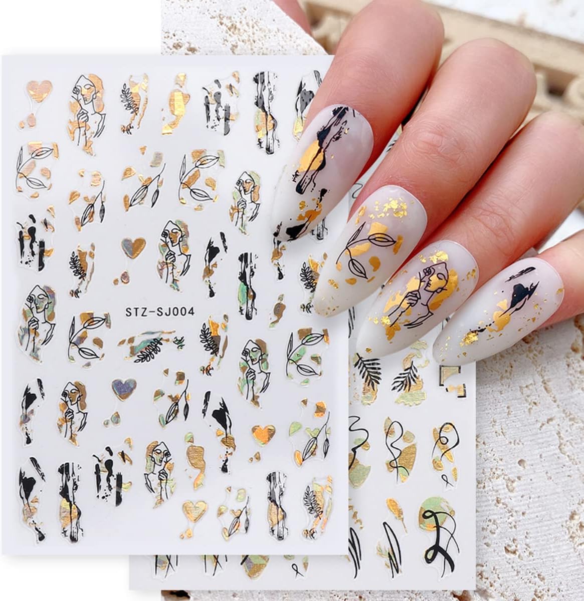 8 Sheets Gold Nail Art Stickers, Graffiti Fun Nail Foil Decals 3D Self-Adhesive Luxury Laser Leopard Print Black Gold Botanical Abstract Line Nail Design for Women Girls Manicure Tips Nail Decoration