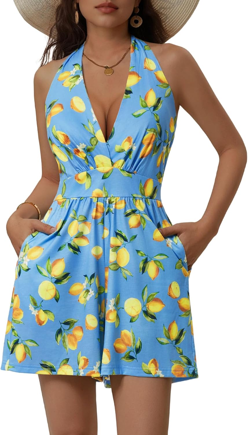 HUHOT Rompers for Women Casual Halter V Neck Backless Summer Sexy Beach Dressy 2026 Short Romper Dresses with Pockets