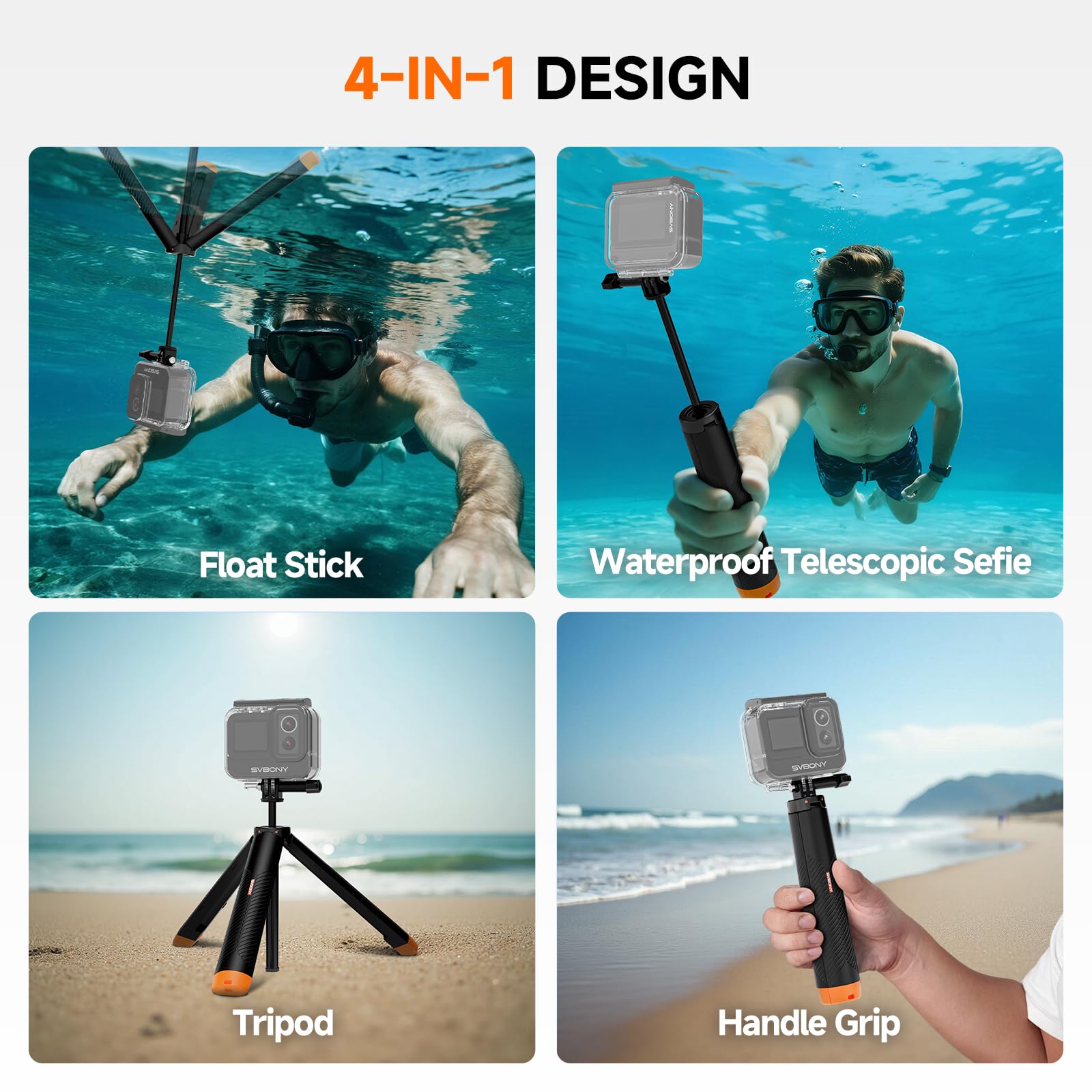 Svbony (2nd) Perche à Selfie 3in1 étanche Compatible avec GoPro Hero 13, 12, 11, 10, 9, 8, Compatible avec DJI Osmo Action 5 Pro 4 3, Compatible avec Insta360 Ace Pro 2, Convient aux Sports Nautiques