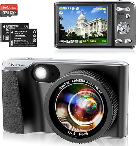 Cámara digital 4K para enfoque automático de fotografía, cámara de vlogging de 48 MP para YouTube con tarjeta SD, pantalla IPS de 3 pulgadas, cámara