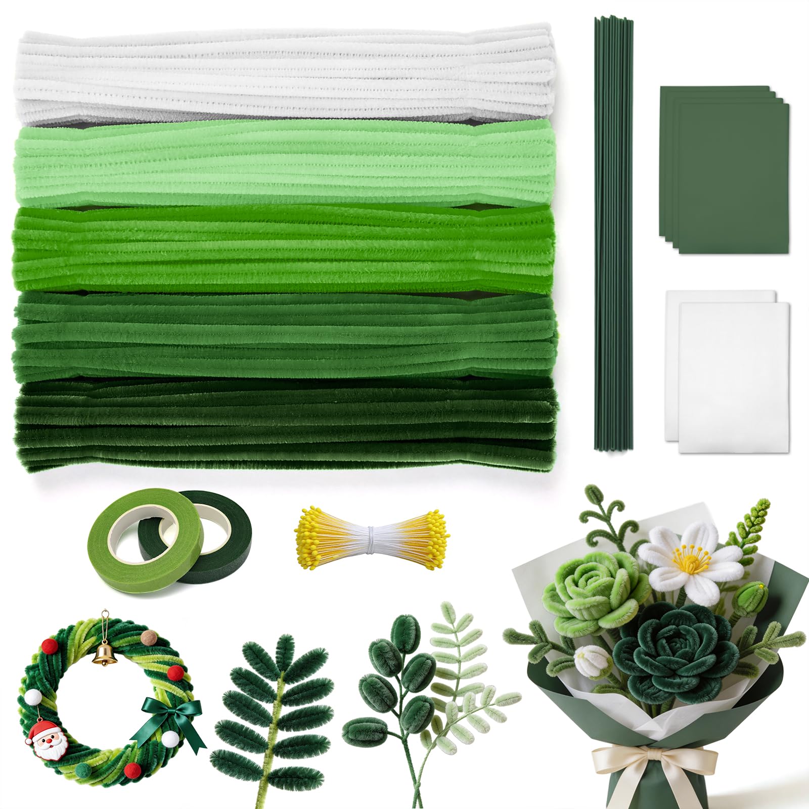 IJIAMY 500 Stück Pfeifenreiniger Blumen Set, Pfeifenputzer Blumen Zum Basteln, Mit Grüne Blumenstöcke, Klebebandrollen, Klebestifte (Grün)