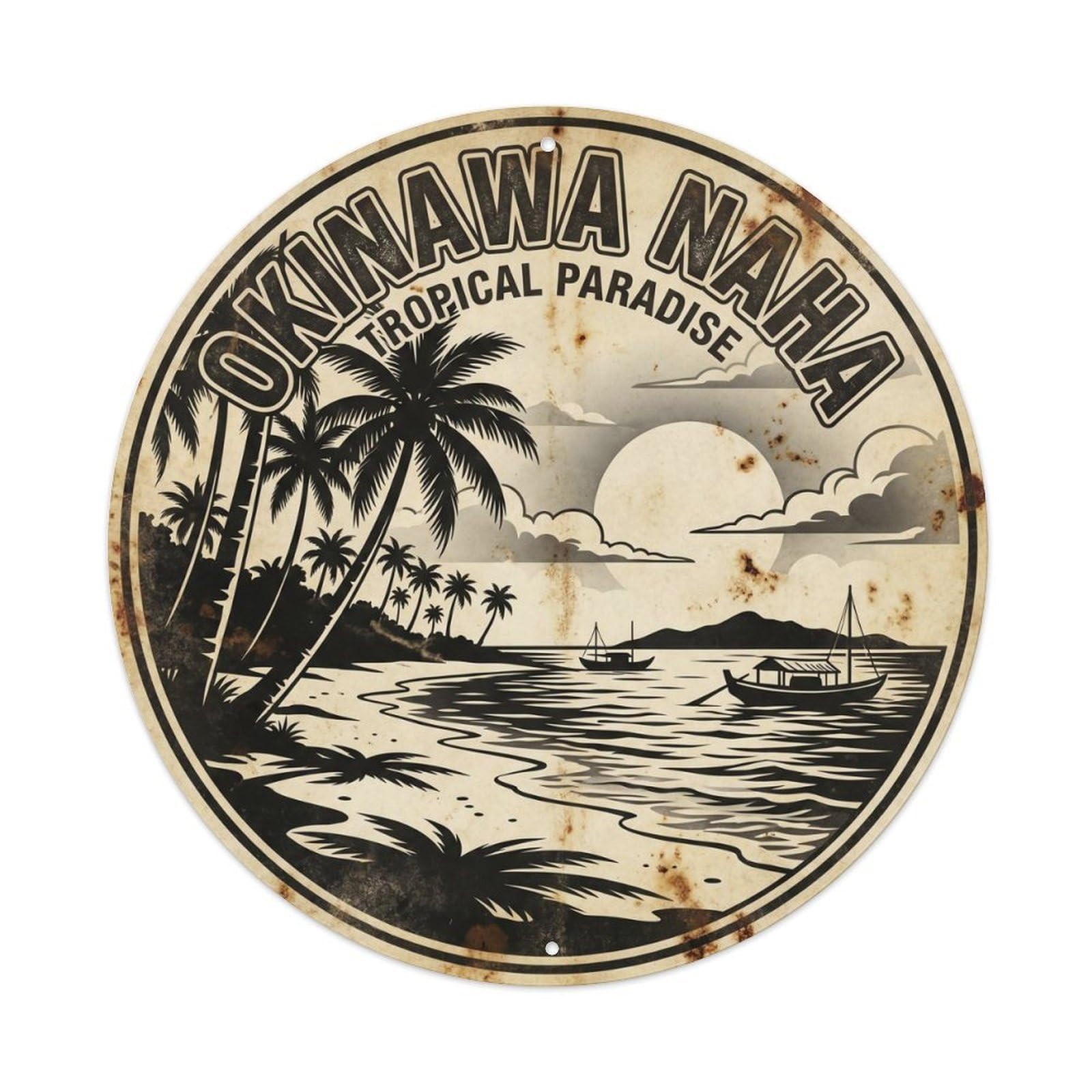 Okinawa Naha Harbor Island Monochrome Travel Metal Tin Sign