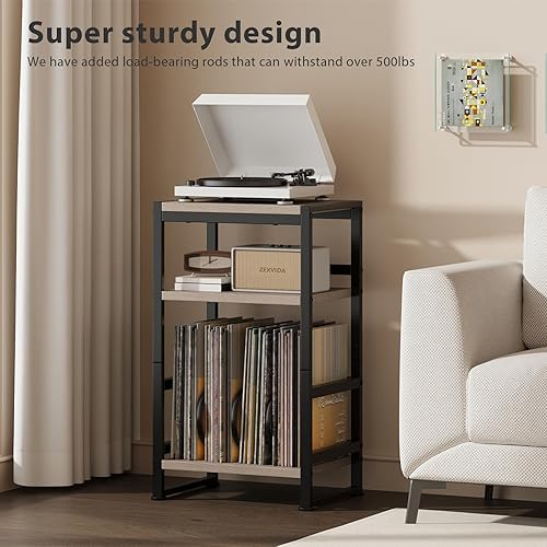 Miniatura 5 de Soporte para tocadiscos de vinilo de 3 niveles, mesa auxiliar para almacenamiento de álbumes, soporte para tocadiscos de 28 pulgadas de alto con