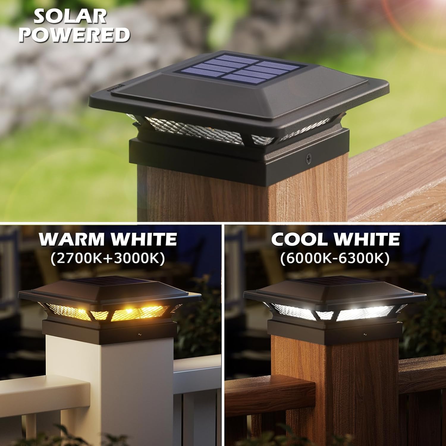 SIEDiNLAR 4x4 Solar Post Cap Lights 16 LEDs 2 Modes 3.5x3.5 4x4 Wooden Vinyl Post Light Waterproof Outdoor for Deck Fence Patio Garden Decor, Warm/Cool White (6 Pack, Black)