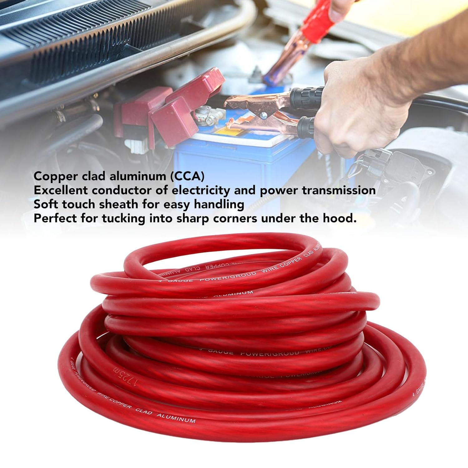 Copper Clad Aluminum 4 Gauge Wire Set for Car Speaker Systems Rv Trailer 25ft Soft Touch Power Cable (Red)