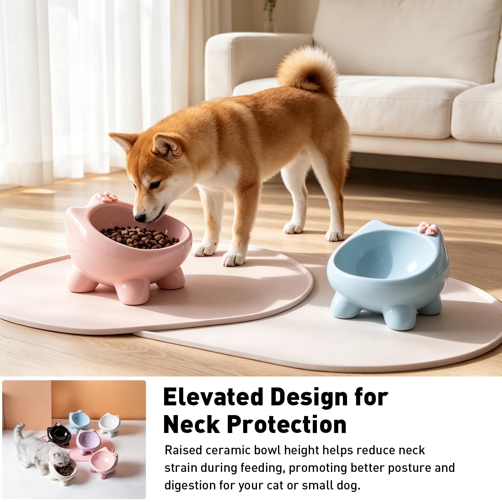 Ciotola per gatti in ceramica, ciotola rialzata per cani e gatti, blu | Ceramica per uso alimentare adatta ai gatti con superficie piatta