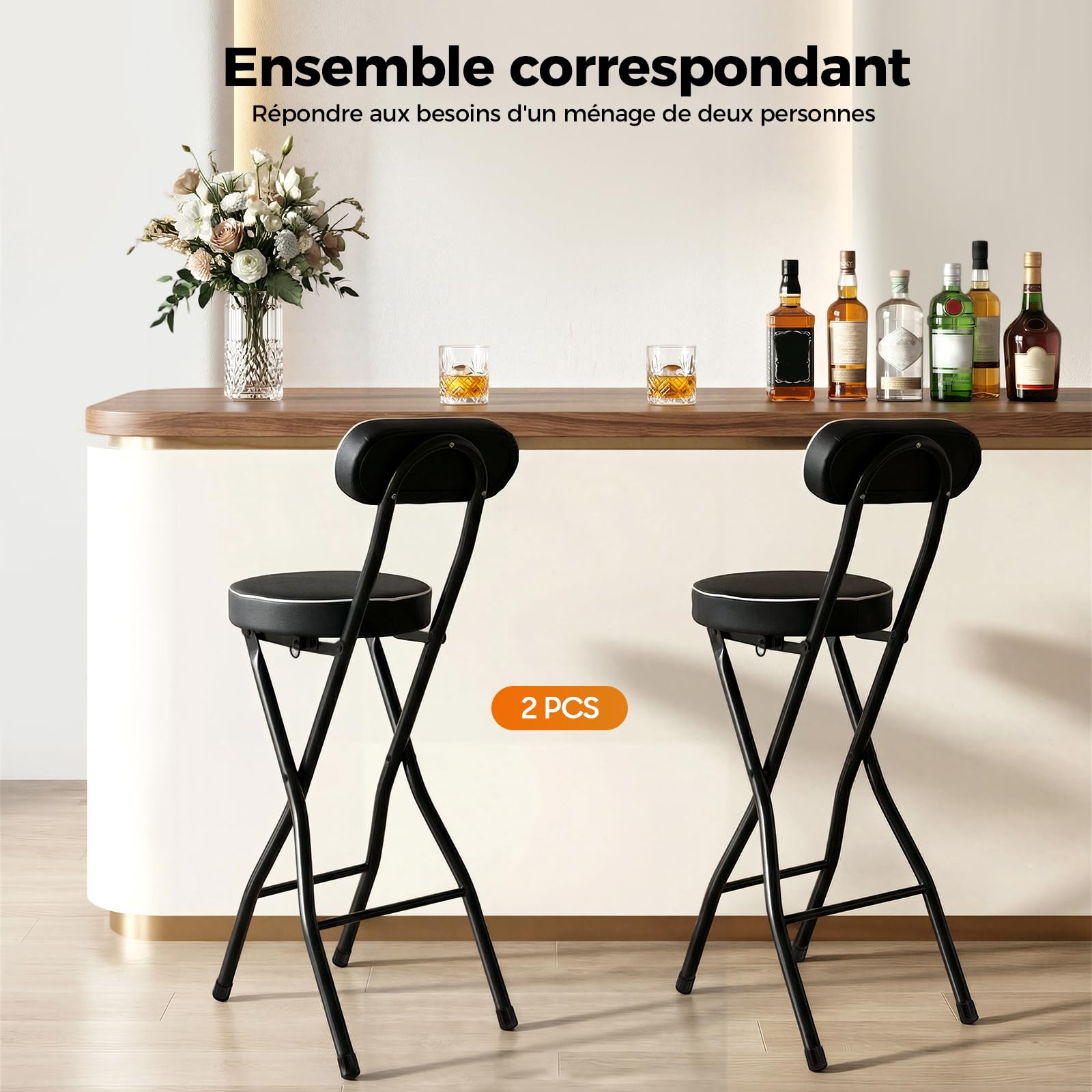 Lot de 2 tabourets de bar pliables avec dossier, 65 cm de haut, chaise haute pliantes pour bar et comptoir, capacité de charge 125 kg (noir 65 cm)