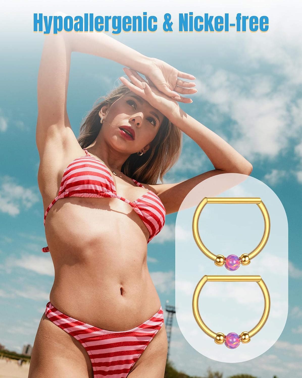 Oveta Titanium D Shaped Nipple Rings 14G for Nipple Piercing Jewelry, Higned Segment Clicker Nipple Rings Hoops 14mm for Women Men, Silver/Gold, 2PCS