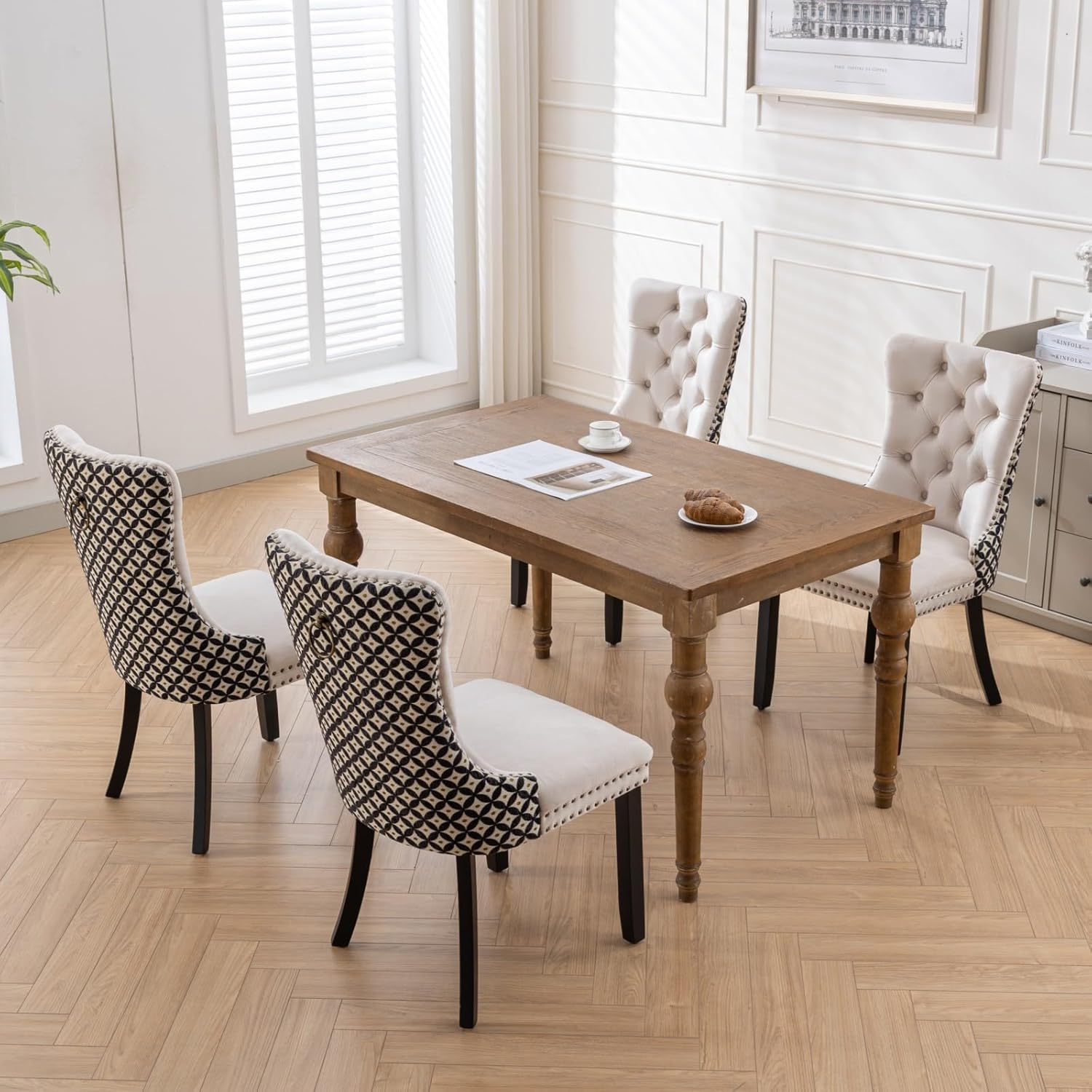extrasleep Wood Dining Chairs Set of 6, Modern Velvet Upholstered High-end Tufted Nailhead Trim Accent Chair with Solid Wood Legs, Kitchen Chairs for Dining Table Set for 6, Beige
