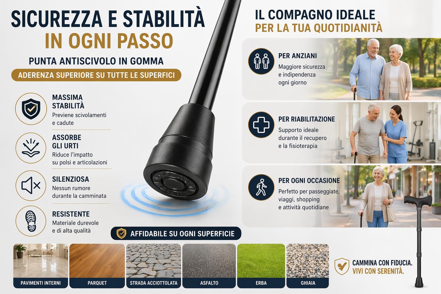 Bastone da Passeggio Regolabile in Lega d'Alluminio, Leggero, Nero, per Uomo e Donna