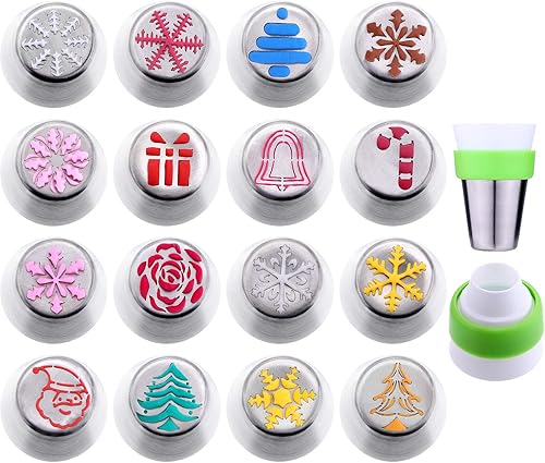 16 puntas de tuberías rusas para tartas de Navidad, boquilla de glaseado con acoplador para decoración de cupcakes, diseño de Navidad