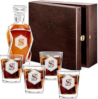 Maverton Whiskey Karaffe + 4 / 6er Whiskygläser Set mit Gravur - 700ml Whisky Dekanter - Weihnachtsgeschenke - Geschenk zum Geburtstag für Männer - Buchstabe