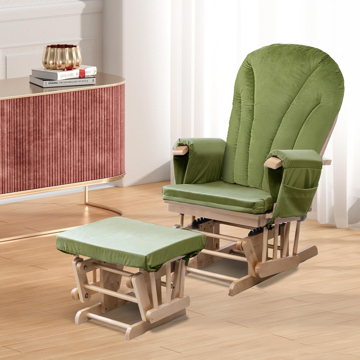 ANMINY 5pcs Glider Rocker Replacement Cushions Set - Thickened Velvet Glider Rocking Chair Cushions with 29 inch High Backrest & Side Pockets for Indoor Nursery, Washable & Non Slip, Green