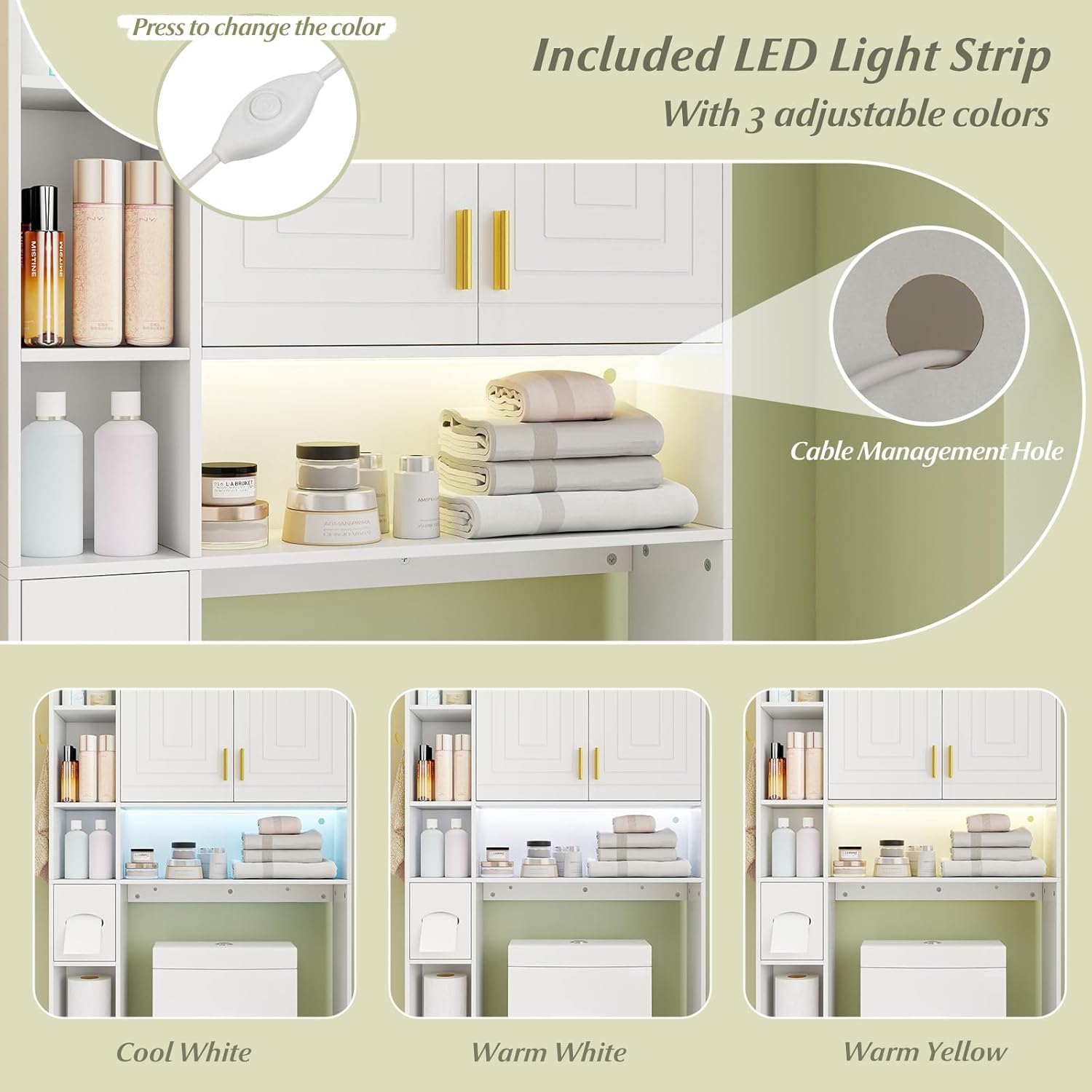 Giantex Over The Toilet Storage Cabinet, 31.5''W Freestanding Space Saver with LED Light, Toilet Paper Holder, Side Hook & Adjustable Shelf, Over Toilet Bathroom Organizer for Laundry, Restroom