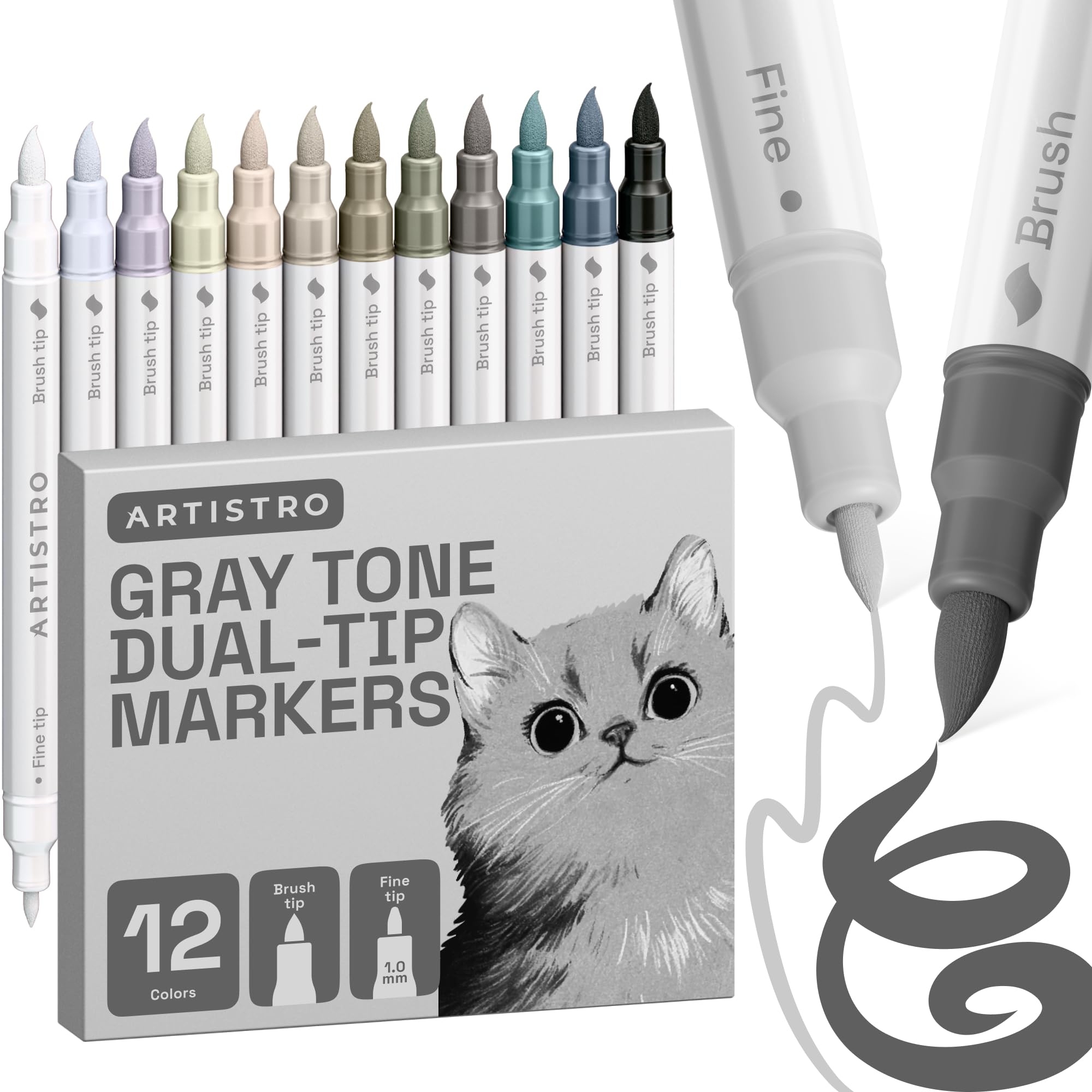 ARTISTRO 12 Gray Tones Dual-Tip Acrylic Paint Marker Pens for Drawing | For Fabric, Rock, Glass, Wood, Arts & Crafts Gift for Adults, Teens & Kids, Pumpkin Decorating Kit & Halloween Crafts