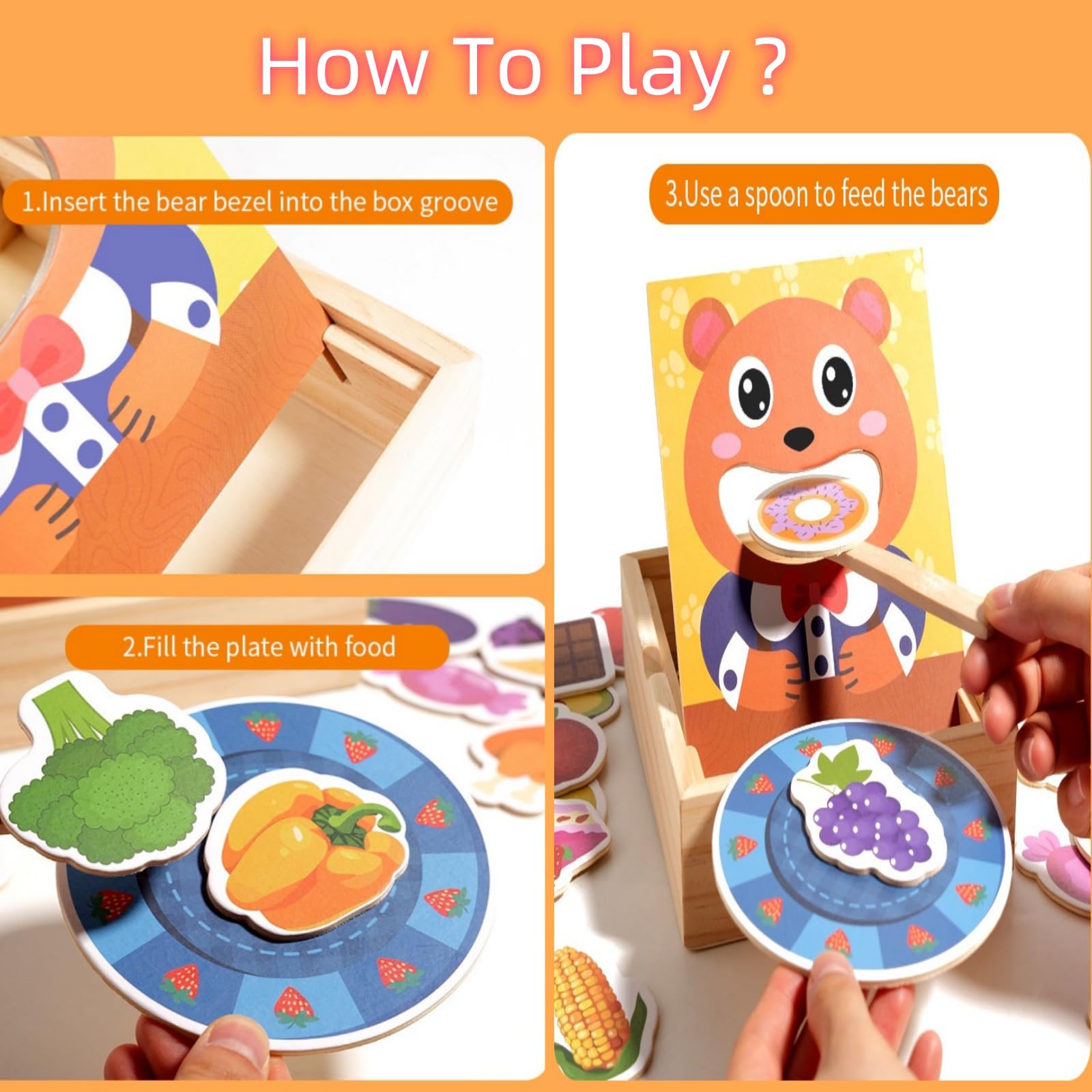 Juguete de alimentación de madera para niños pequeños: Montessori Juego de comida de juego de simulación para niños con 30 alimentos diferentes, cuenco y cuchara, juguetes de aprendizaje 4