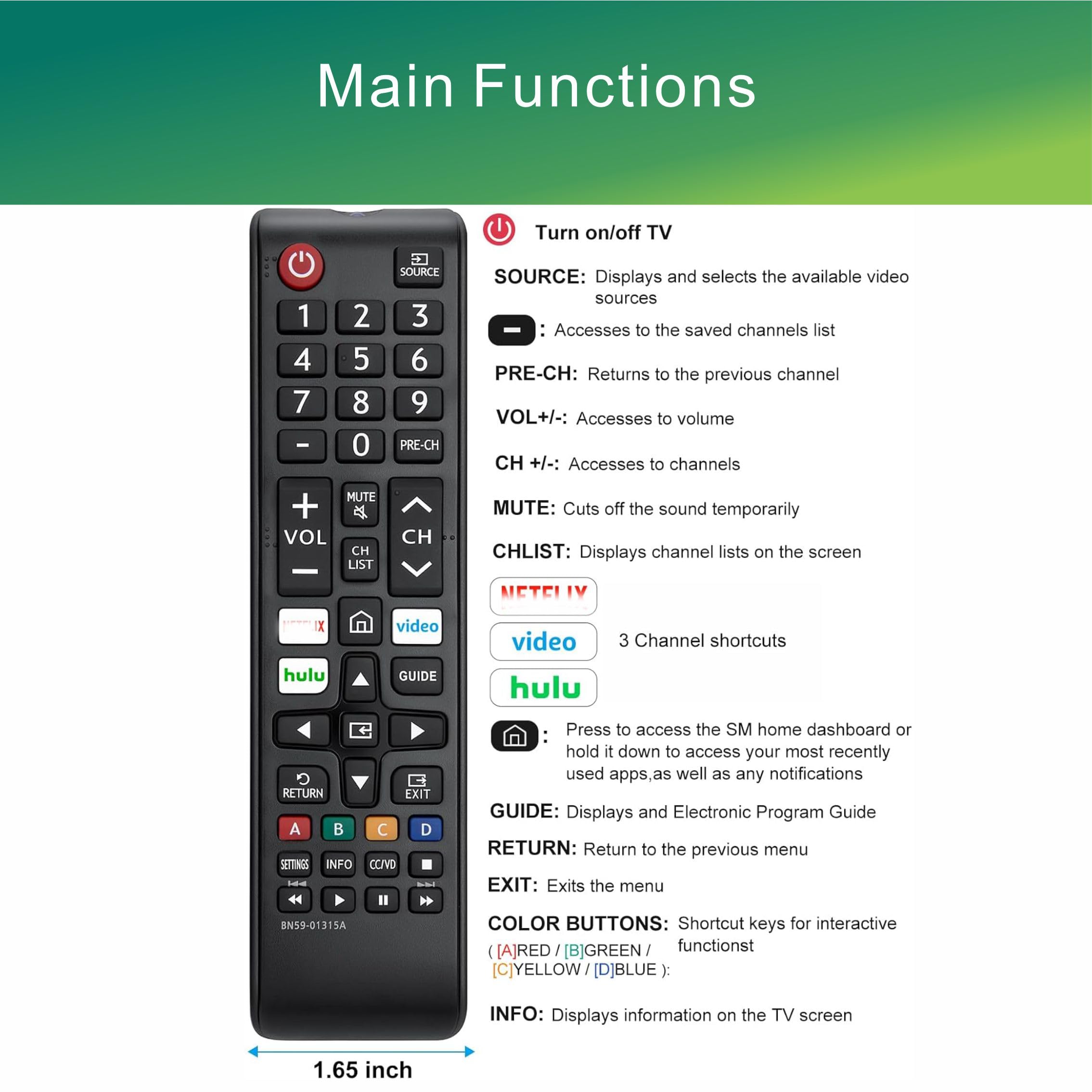 Uniwersalny pilot kompatybilny z Samsung TV Remote, IR, bez głosu, kompatybilny ze wszystkimi modelami Smart LCD LED HDTV 3D Smart TV BN59-01315J BN59-01315A BN59-01301A