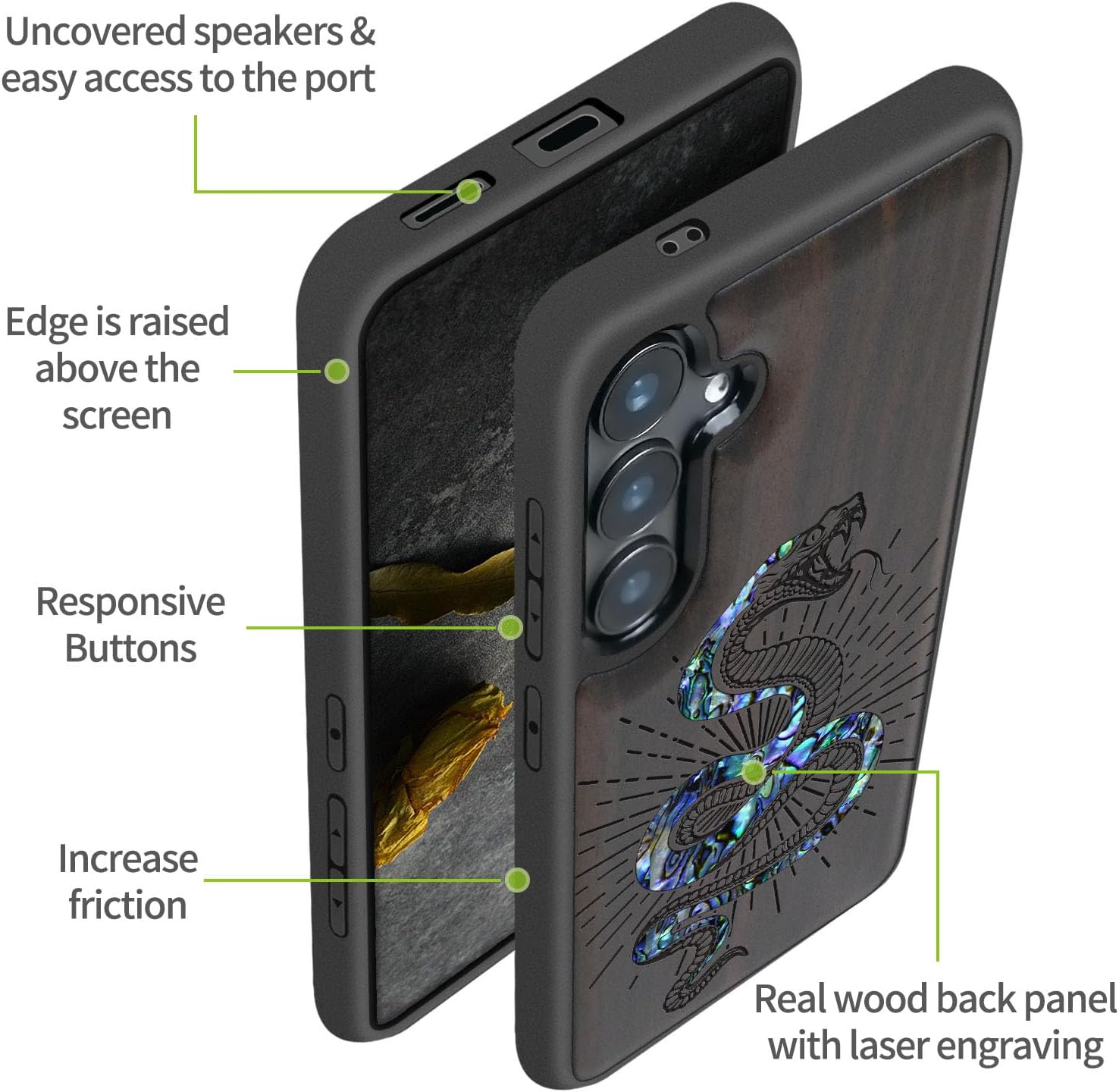 Carveit Magnetic Wooden Case for Galaxy S25+ / S25 Plus Case, Wood Artisan Engraved & Handmade Shell Inlaid, Compatible with MagSafe Wireless Chargers (Coiled Viper Art) Blackwood