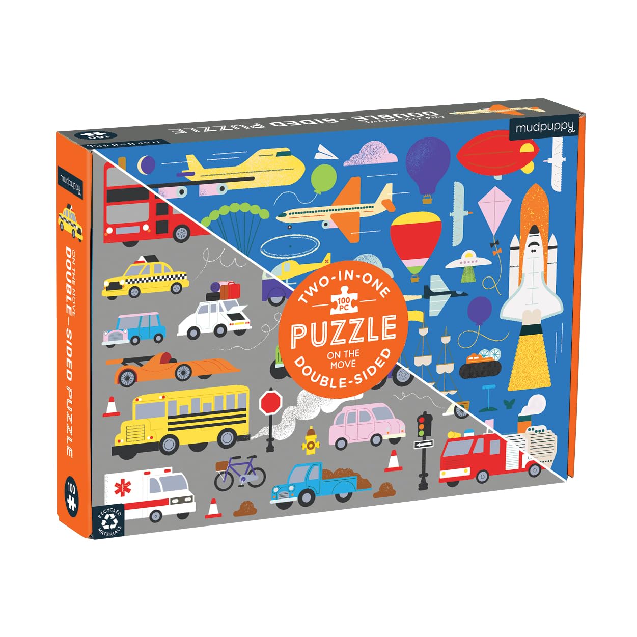 Mudpuppy On The Move 100 Piece Double-Sided Puzzle from Mudpuppy - Two Fun Puzzles in One!, Colorful Illustrations of Land, Sea, Air and Space Vehicles, 22" x 16.5", Ages 6+