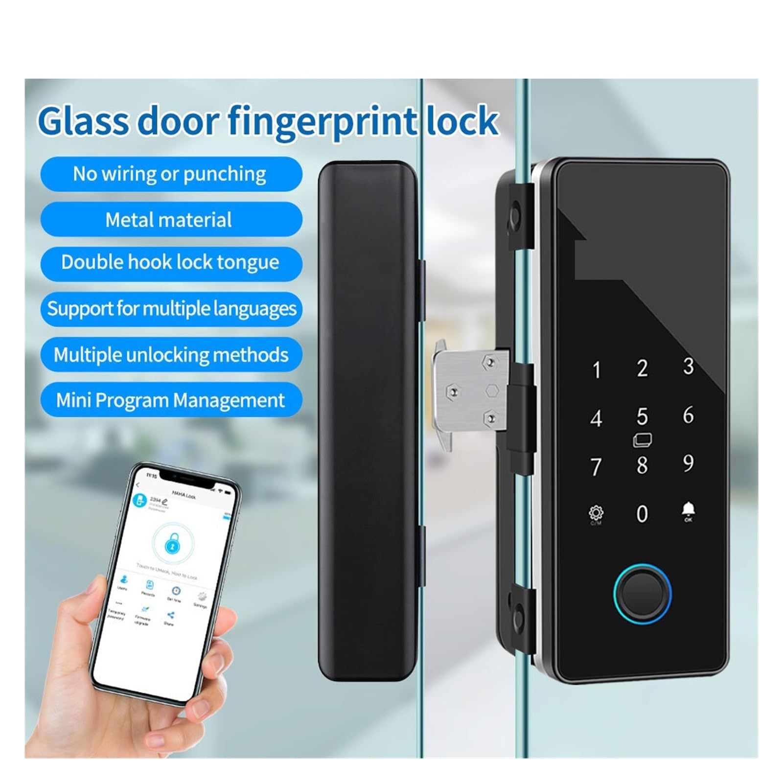 Inteligentna blokada, blokada linii papilarnych. Elektroniczny zamek cyfrowy czytnik linii papilarnych szklany zamek do drzwi Bluetooth HAHA-Lock App kod dostępu karta elektroniczna Keyless Smart Phon