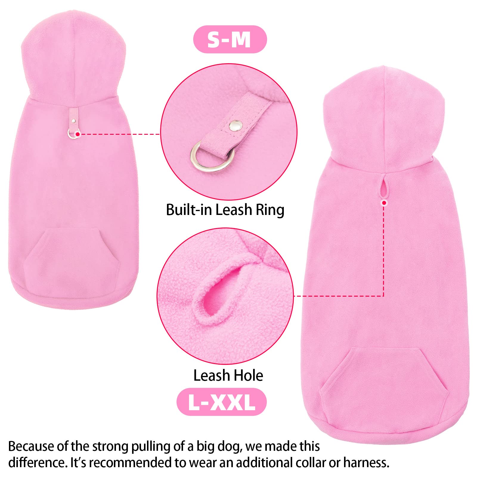 EXPAWLORER Dog Hoodie Fleece Jumper Vest, Hooded Dog Sweater Fall Winter Pet Clothes Sweatshirt with Lead Ring - Image 4