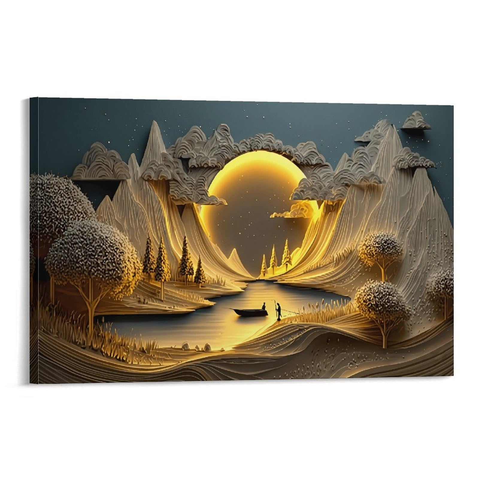 XPASHIQWC Warm Light Mountains And Boat Wall Decor Poster Giclee Canvas Prints Modern Wall Art Picture Wall Hanging for Office Gym Living Room Decor 20x30inch(50x75cm)