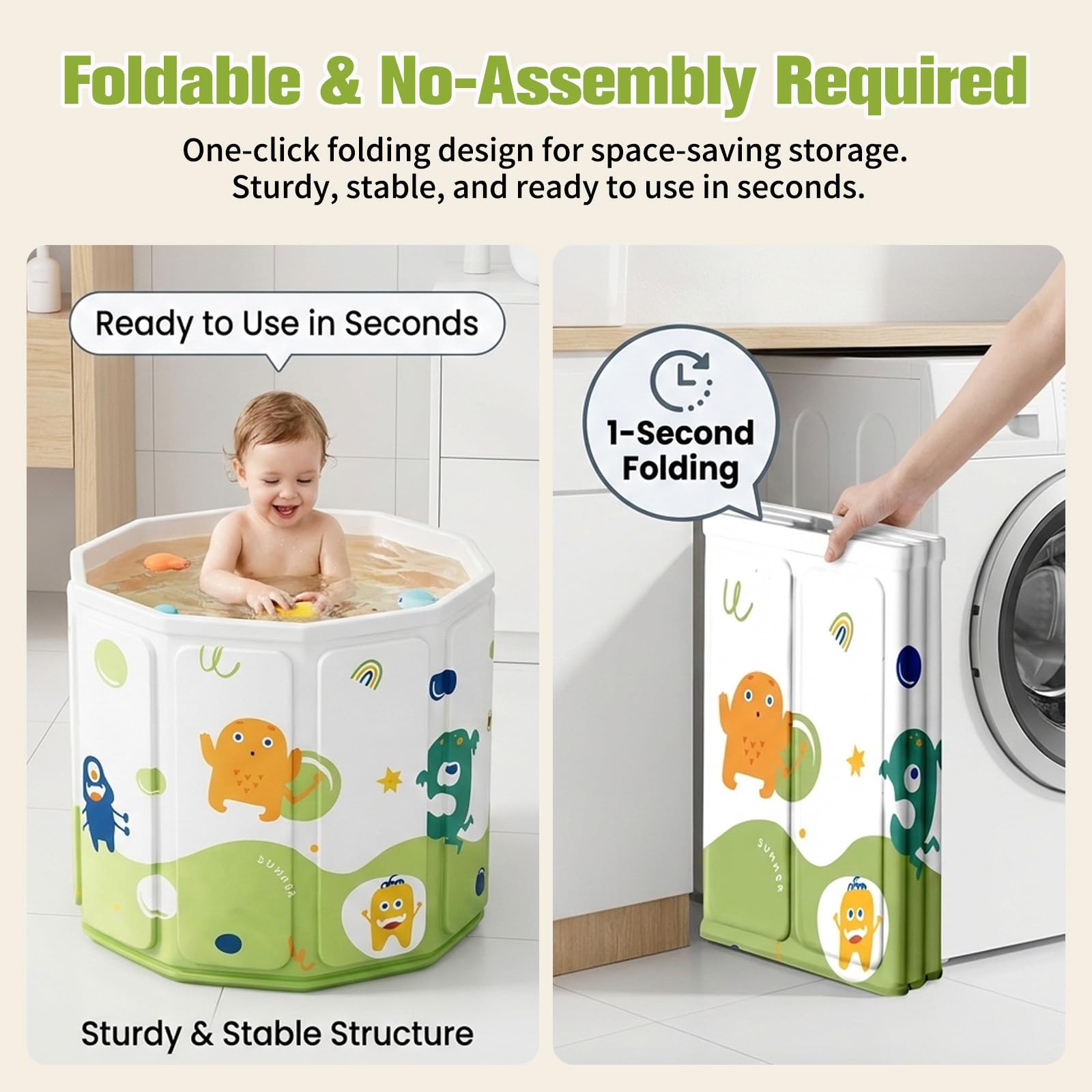 Vasca da bagno pieghevole per bambini da 0 a 8 anni, vasca da bagno integrata con vite di scarico, 40 x 55 x 55 cm