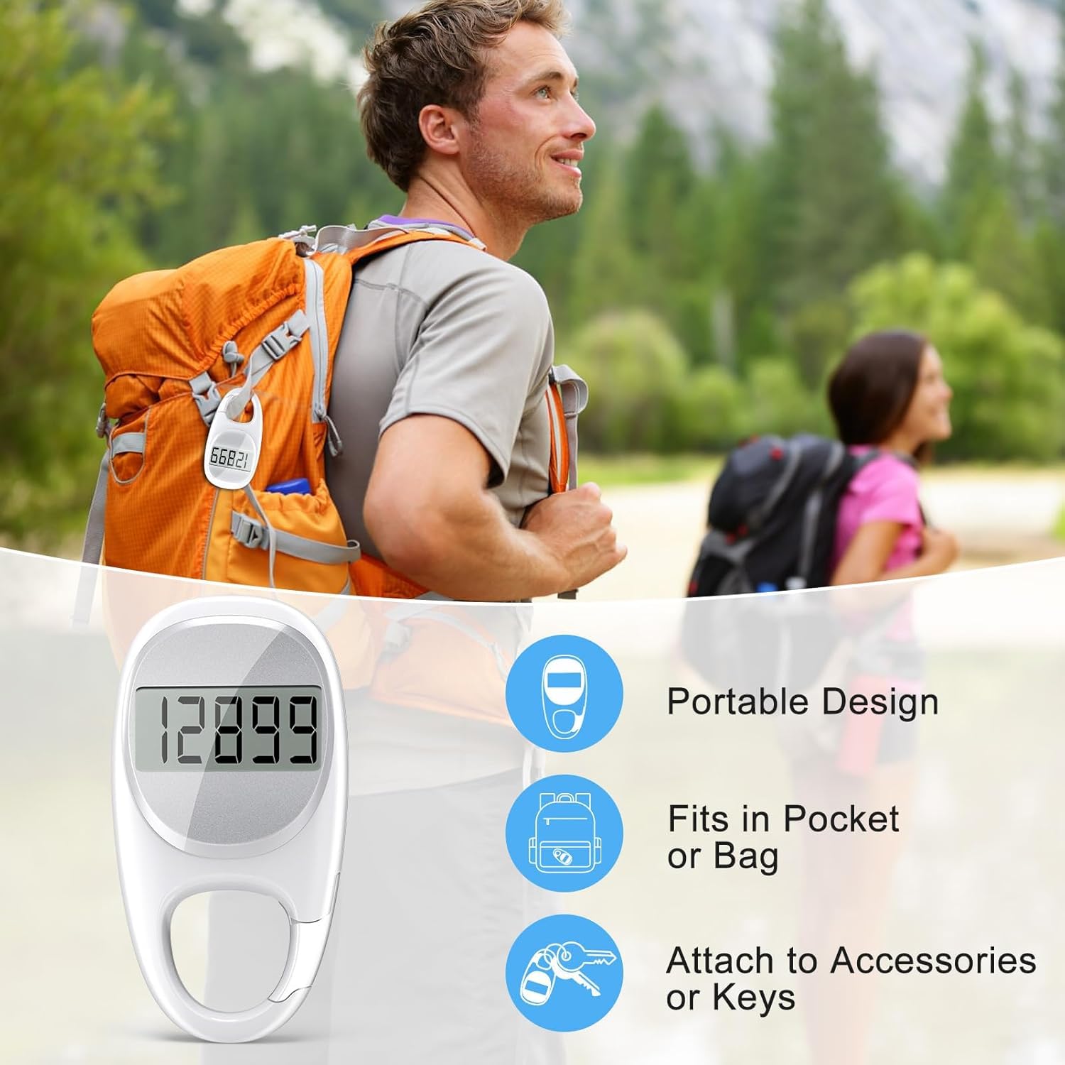 Simple Pedometer for Walking, Accurate Step Tracker with Carabiner, 3D Step Counter for Men Women Seniors - White