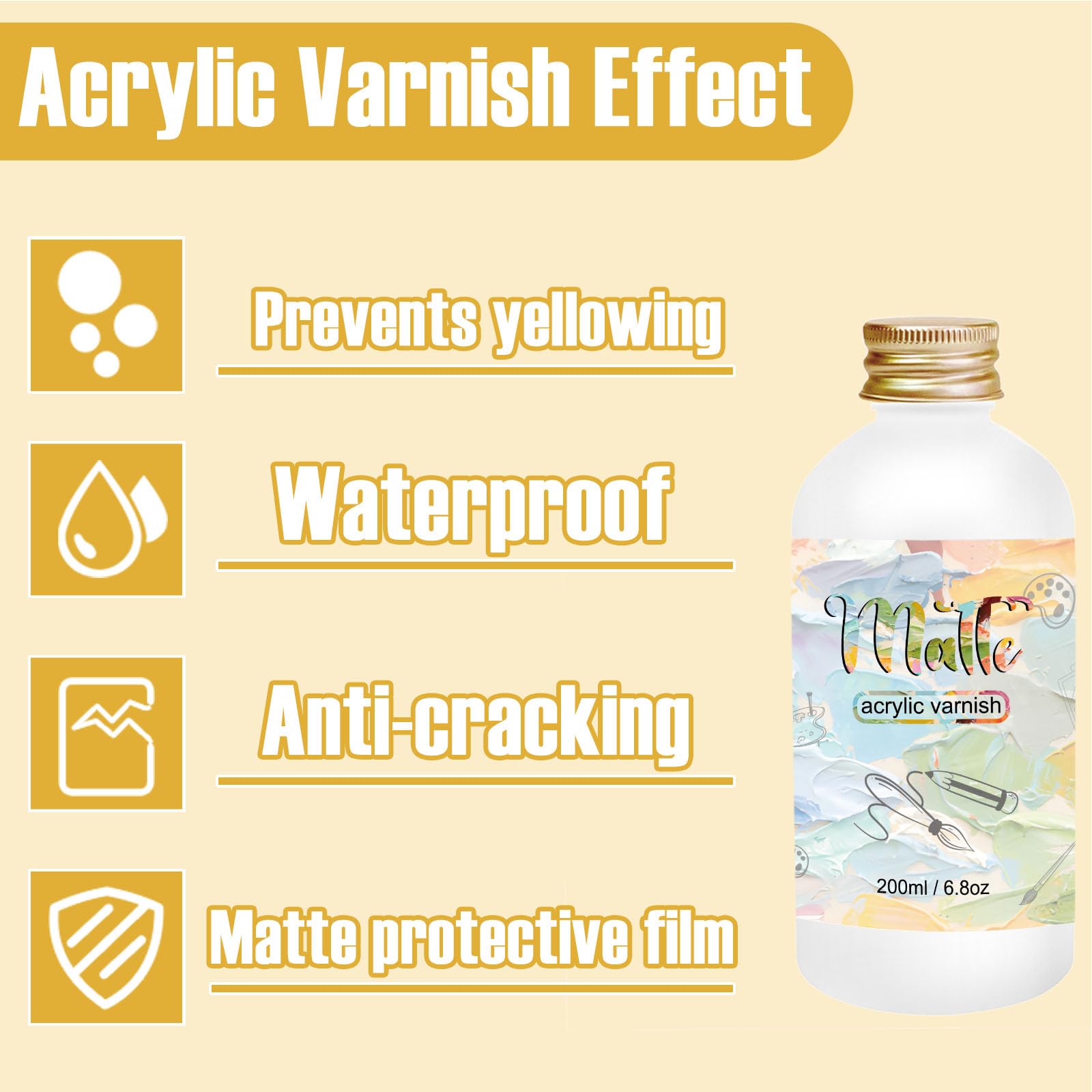 Matte Varnish for Acrylic Painting，200ml Acrylic Paint Varnish，Clear Varnish Keeps Paintings from Yellowing, Cracking, Maintains Permanent Color（Matte）
