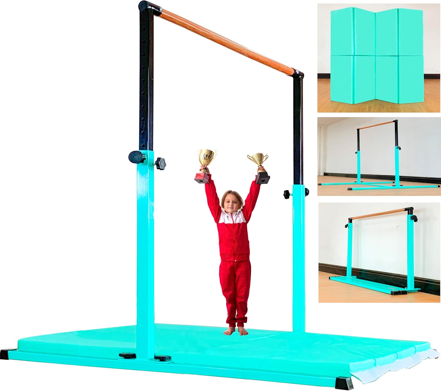 4FT/5FT Gymnastic Bar Set Gymnastics Horizontal Bar Gymnastics Kip Bar for Kids Home Use 5FT Bar With Mat Teal