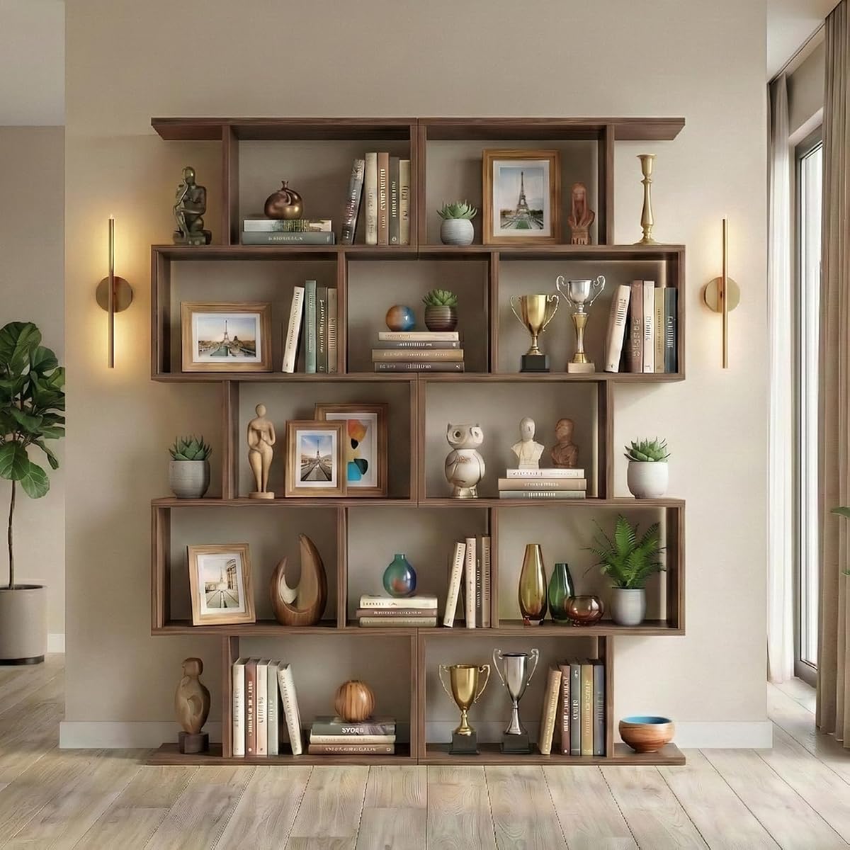 DIYART Librería geométrica de 5 niveles (juego de 2), estantería y divisor de habitación en forma de S de 63 pulgadas de alto, estantería independiente de color marrón moderno para sala de estar, pasillo, oficina en casa