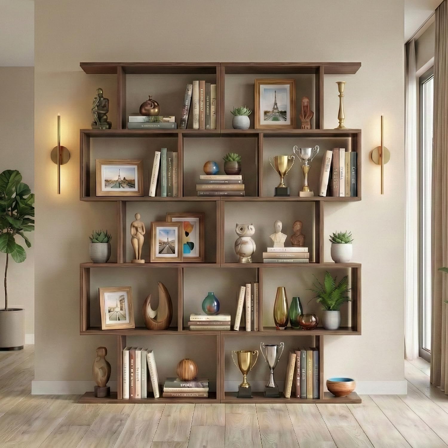 DIYART 5-Tier Geometric Bookcase (Set of 2), 62.6" Tall S-Shaped Bookshelf & Room Divider, Modern Brown Freestanding Display Shelving Unit for Living Room, Hallway, Home Office
