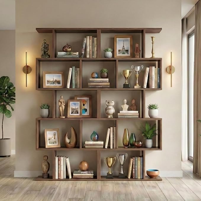 5-Tier Geometric Bookcase (Set of 2), 62.6" Tall S-Shaped Bookshelf & Room Divider, Modern Oak Freestanding Display Shelving Unit for Living Room, Hallway, Home Office